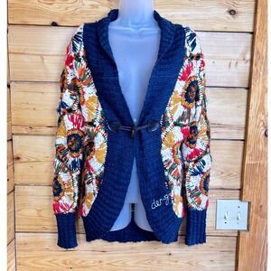Desigual Crochet Sunflower Toggle Cardigan Sweater Small Boho Knit Cottage SOFT
